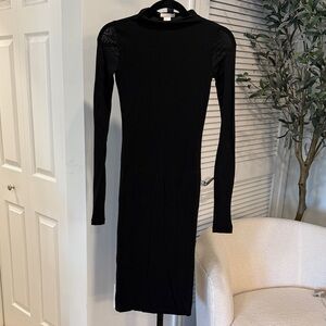 H&M Black Mock Neck Mesh Sleeve Midi Dress